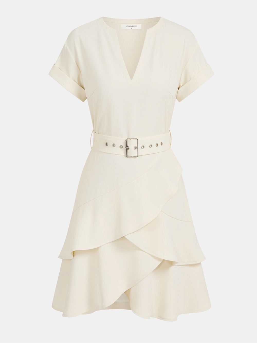 Commense Cream Belted V-Neck Ruffle Dress